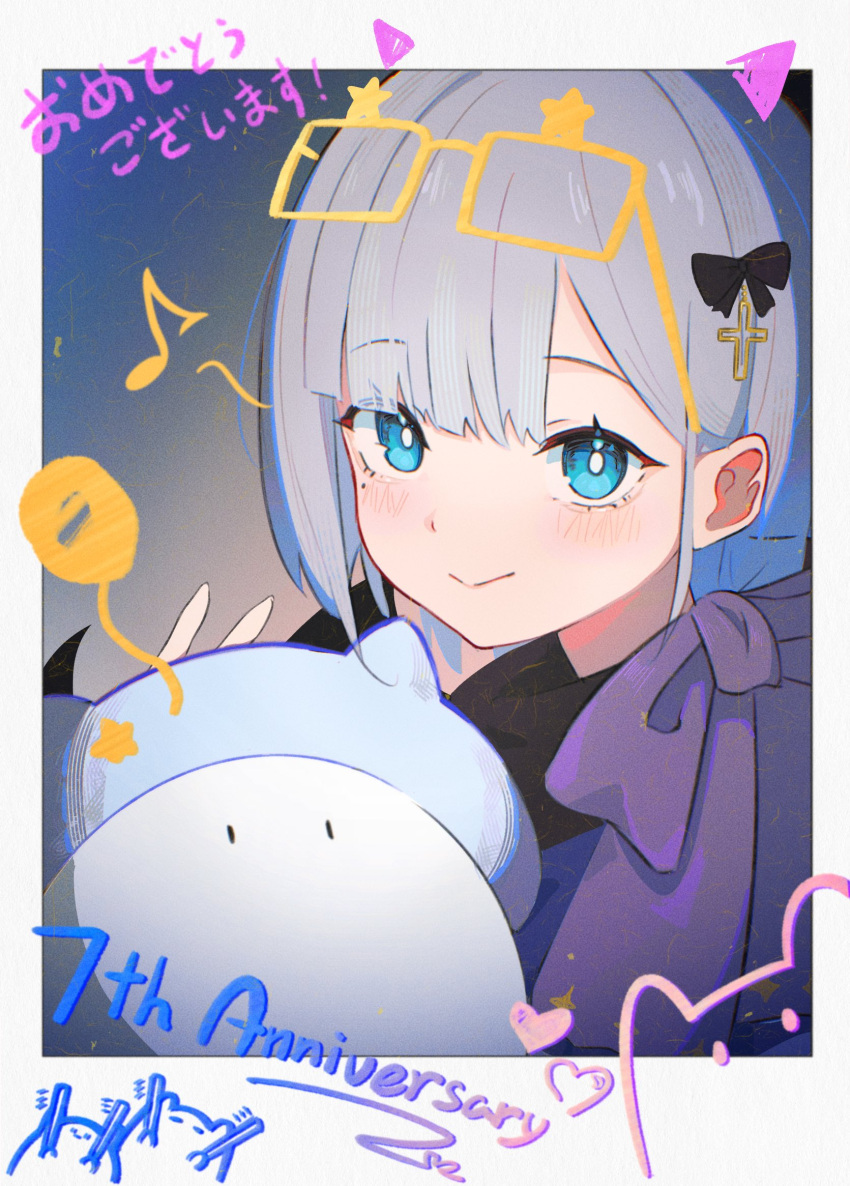 1girl, anniversary, blue_eyes, border, bow, commentary, cross_hair_ornament, drawn_eyewear