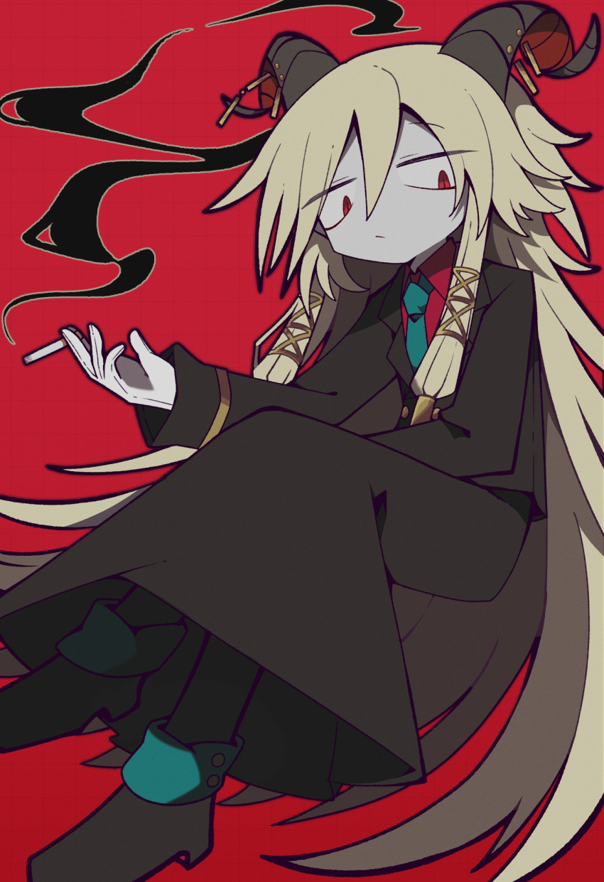 1boy, bags_under_eyes, blonde_hair, cigarette, coat, collared_shirt, curled_horns, demon_boy