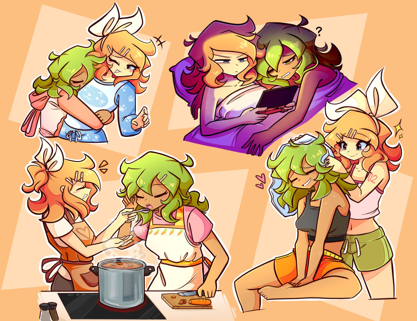 animal_hood, apron, blonde_hair, carrot, commentary, cooking, couple, critinikaqwq
