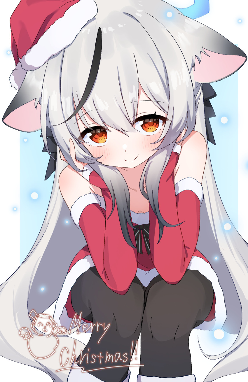 1girl, alternate_costume, animal_ears, blue_archive, christmas, detached_sleeves, dress, fur_trim