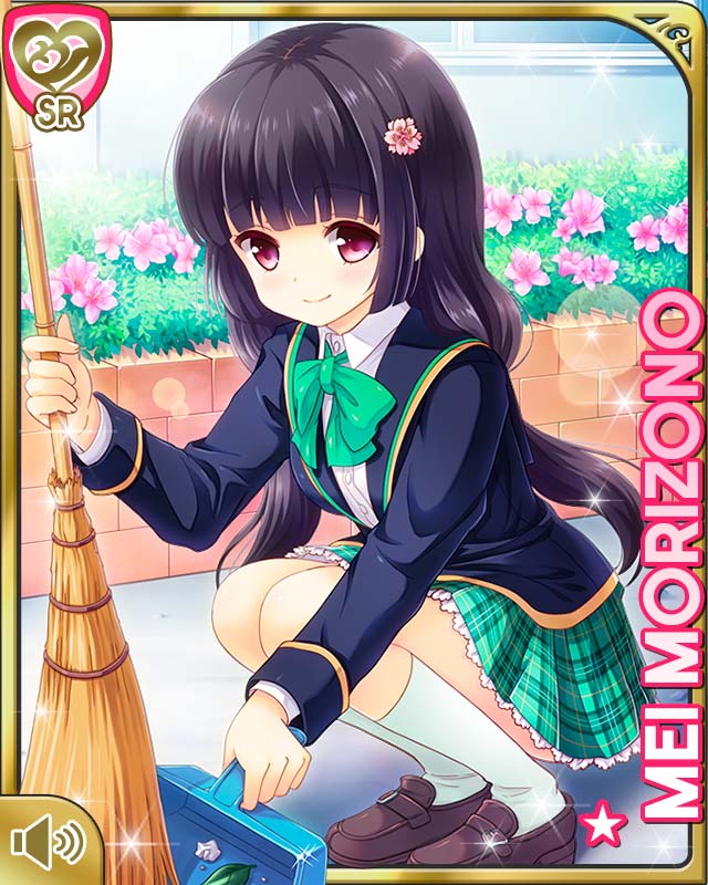 1girl, black_hair, bow, bowtie, broom, brown_shoes, card_(medium), character_name