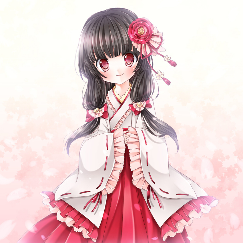 1girl, black_hair, blush, bow, commentary_request, flower, girlfriend_(kari), hair_bow