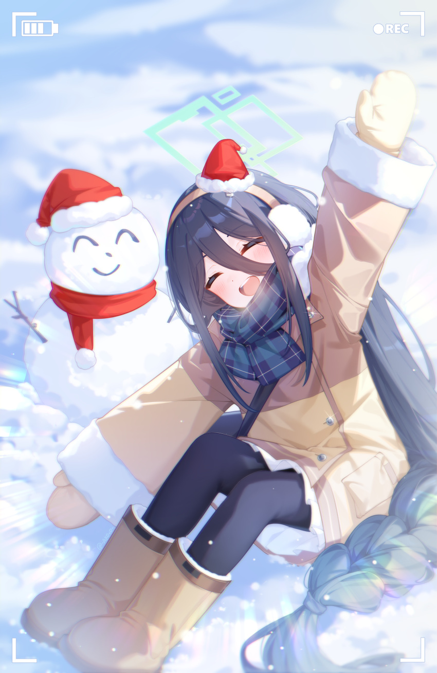 1girl, absurdres, akovo, aqua_halo, aris_(blue_archive), aris_(winter)_(blue_archive), arm_up, battery_indicator, black_hair, black_pantyhose, blue_archive, blue_scarf, blurry, blush, boots, braid, breath, brown_boots, brown_coat, brown_hairband, brown_mittens, buttons, closed_eyes, coat, commentary, depth_of_field, doodle_sensei_(blue_archive), double-parted_bangs, earmuffs, facing_viewer, full_body, fur-trimmed_coat, fur-trimmed_sleeves, fur_trim, glint, hair_between_eyes, hairband, halo, hat, highres, knees_up, long_bangs, long_hair, long_hair_between_eyes, long_sidelocks, long_sleeves, low-braided_long_hair, low-tied_long_hair, making-of_available, mini_hat, mini_santa_hat, mittens, official_alternate_costume, official_alternate_hairstyle, on_ground, open_mouth, outdoors, outstretched_arms, pantyhose, plaid_clothes, plaid_scarf, pleated_skirt, pocket, rectangular_halo, red_hat, red_scarf, santa_hat, scarf, sensei_(blue_archive), sidelocks, sitting, skirt, smile, snow, snowing, snowman, solo, spread_arms, teeth, upper_teeth_only, very_long_hair, viewfinder, white_skirt, winter, winter_clothes, winter_coat