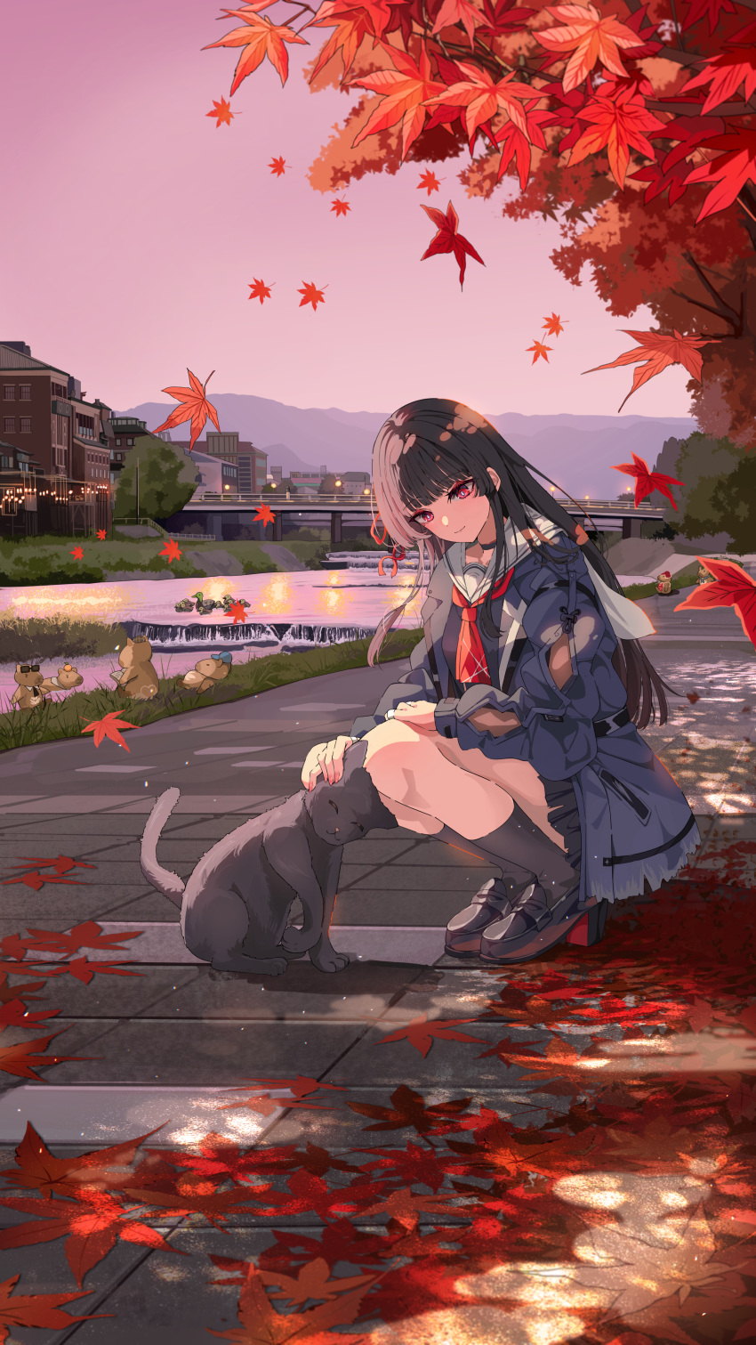 1girl, absurdres, arm_cutout, black_cat, black_choker, black_hair, black_jacket, black_serafuku