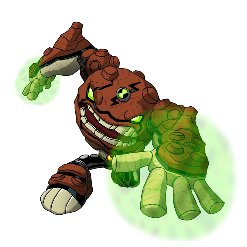 1boy, absurdres, ben_10, ben_10:_omniverse, black_pants, energy, english_commentary, full_body, glowing, glowing_eyes, gravattack, green_eyes, highres, looking_at_viewer, male_focus, no_humans, omnitrix, open_mouth, orash3r, pants, simple_background, solo, teeth, white_background