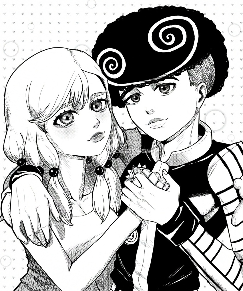 1boy, 1girl, afro, arm_around_shoulder, commentary_request, couple, greyscale, hair_bobbles