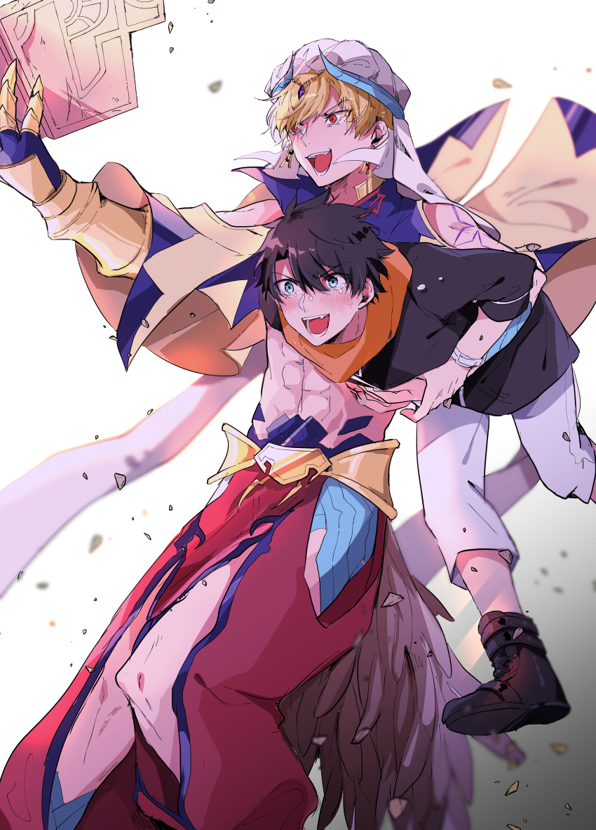 2boys, abs, absurdres, armor, baggy_pants, bare_shoulders, belt, bit_(8115894)