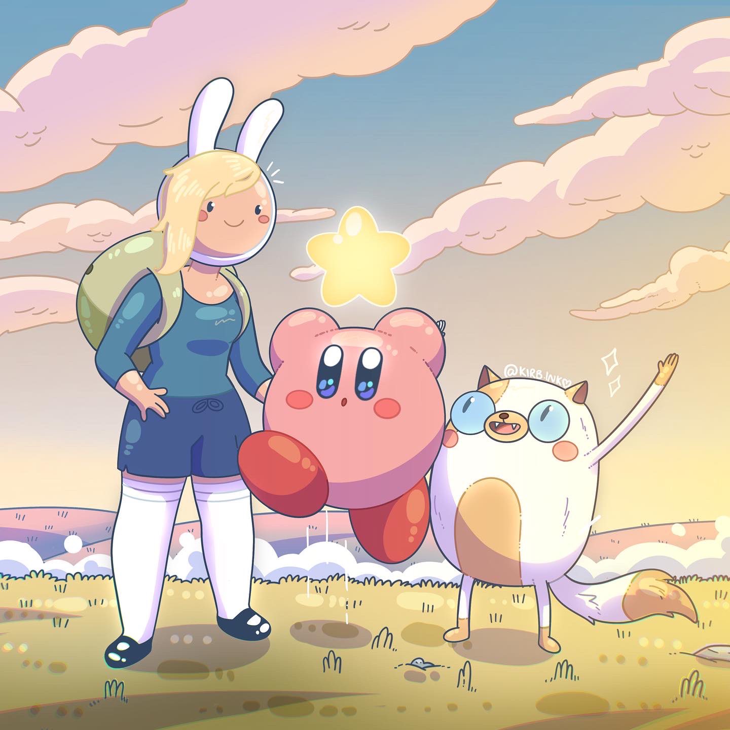 adventure_time, adventure_time:_fionna_and_cake, aimaay, blue_sky, cake_the_cat, clouds, cloudy_sky, crossover, fionna_campbell, highres, kirby, kirby_(series), sky