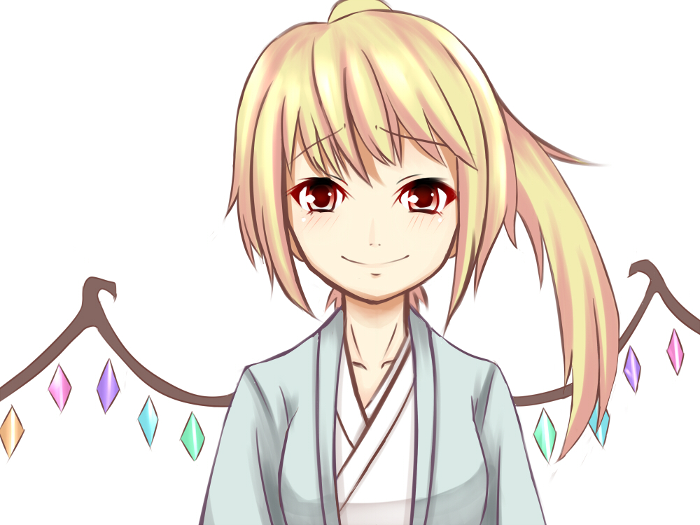 alternate_costume, blonde_hair, blush, bust, flandre_scarlet, japanese_clothes, laevatein, naoki7033, red_eyes, short_hair, side_ponytail, smile, solo, touhou, wings