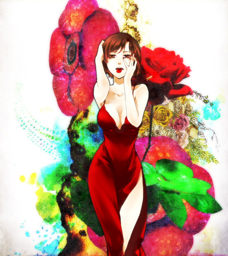 absolute_cleavage, breasts, brown_eyes, brown_hair, cleavage, dress, imuto, meiko
