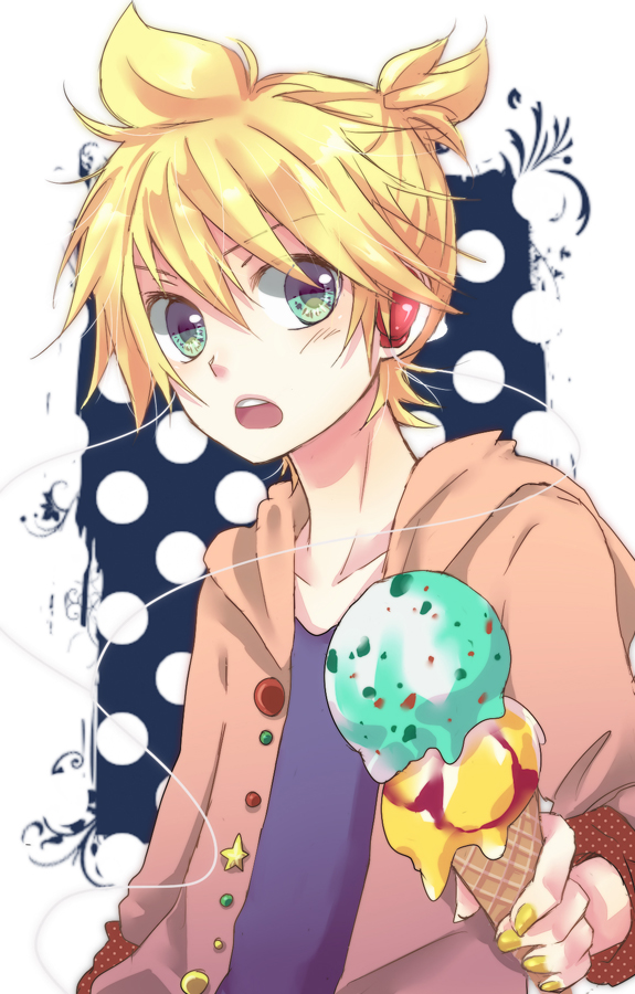 aqua_eyes, blonde_hair, food, headphones, ice_cream, kagamine_len, male, n