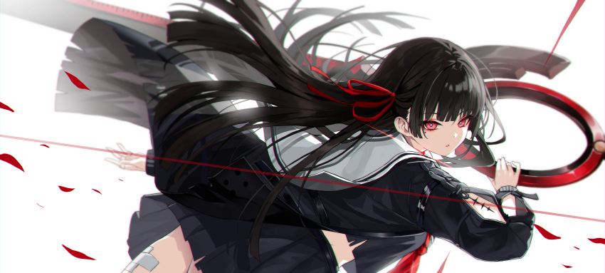 1girl, absurdres, arm_cutout, black_choker, black_hair, black_shirt, black_skirt, breasts