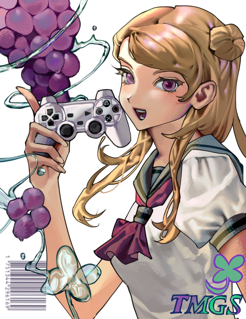1girl, barcode, blonde_hair, blush, breasts, clover, controller, copyright_name
