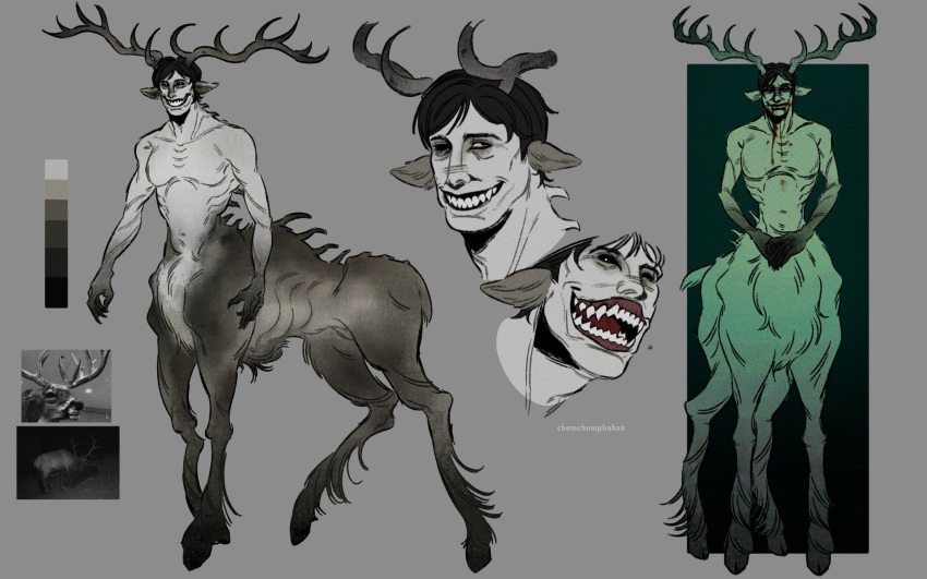 1boy, antlers, black_eyes, black_hair, blood, blood_on_face, centaur, chomchomphu13