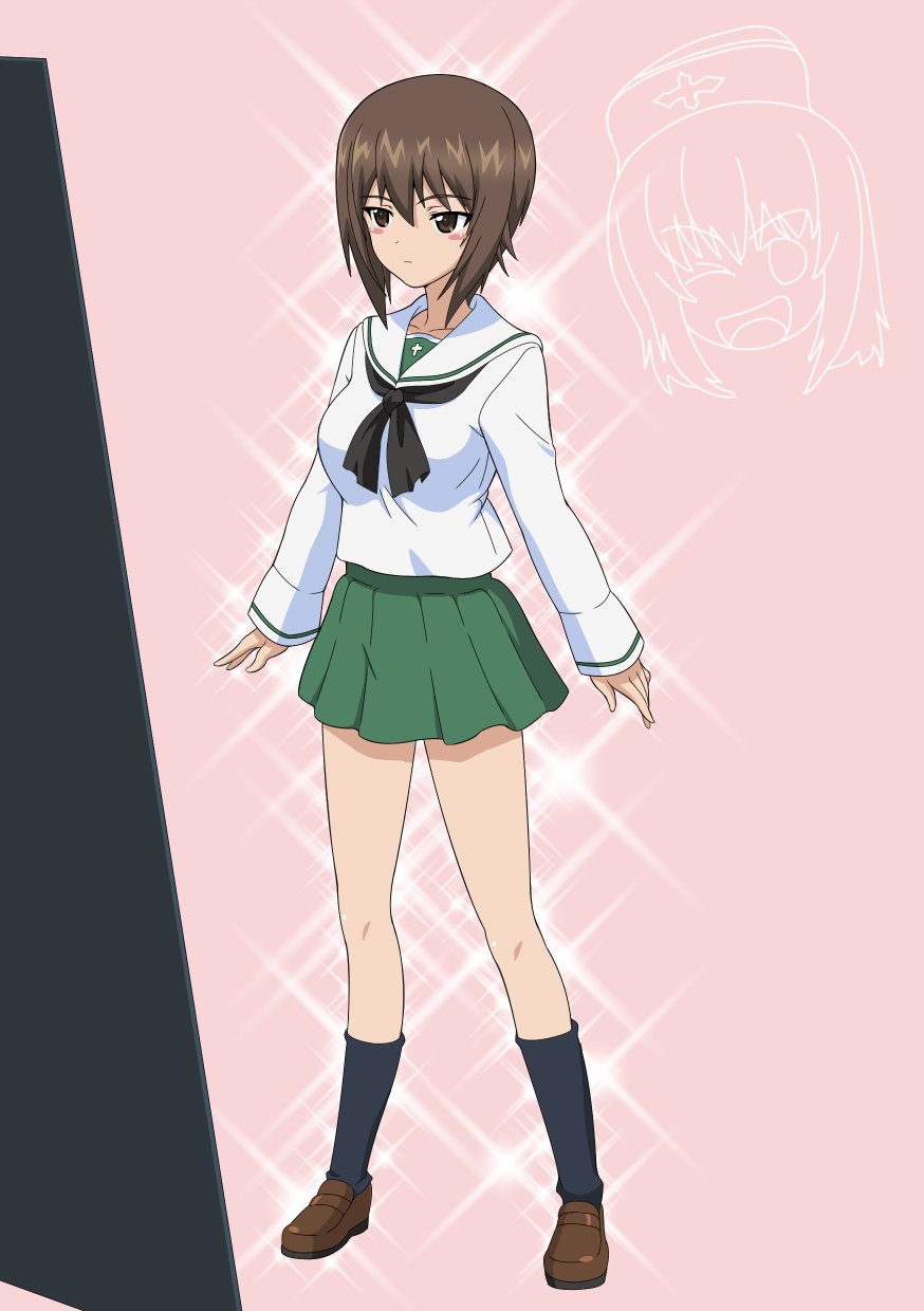 2girls, black_neckerchief, black_socks, blouse, breasts, brown_eyes, brown_hair, commentary_request, cross, eyes_visible_through_hair, full_body, girls_und_panzer, glowing, green_skirt, hair_between_eyes, highres, itsumi_erika, loafers, long_sleeves, miniskirt, multiple_girls, nao_(nao_puku777), neckerchief, nishizumi_maho, ooarai_school_uniform, pink_background, pleated_skirt, sailor_collar, school_uniform, serafuku, shirt, shoes, short_hair, skirt, socks, solo, white_sailor_collar, white_shirt