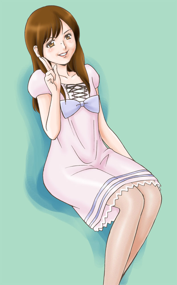 brown_eyes, brown_hair, copyright_request, dress, fashion, lips, long_hair, mile
