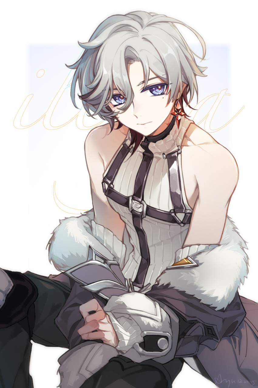 1boy, bare_shoulders, black_pants, blue_eyes, chest_harness, chinese_commentary, closed_mouth, coat
