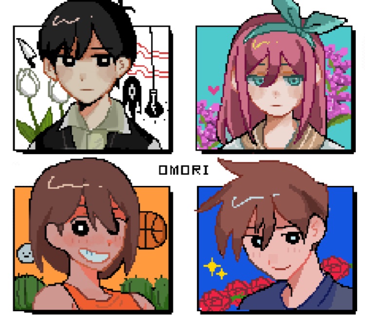1girl, 3boys, antenna_hair, aubrey_(faraway)_(omori), aubrey_(omori), black_eyes, black_hair, black_sweater_vest