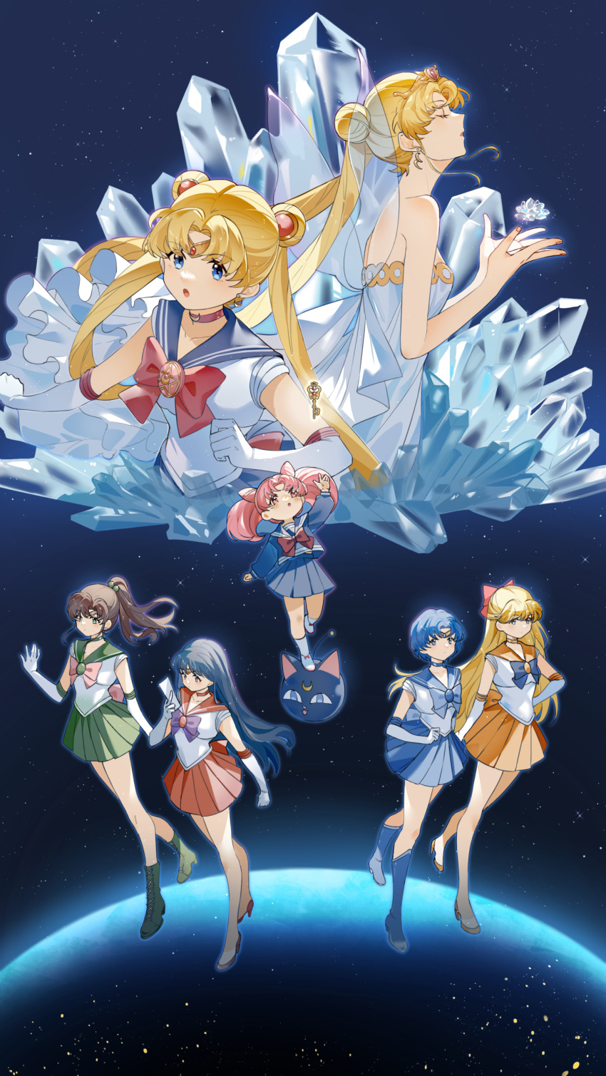 6+girls, absurdres, aino_minako, arm_up, bare_shoulders, bishoujo_senshi_sailor_moon, black_hair, blonde_hair, blue_boots, blue_bow, blue_bowtie, blue_choker, blue_eyes, blue_hair, blue_sailor_collar, blue_serafuku, blue_shirt, blue_skirt, boots, bow, bowtie, brown_hair, chibi_usa, chinese_commentary, choker, circlet, closed_mouth, collarbone, commentary, cone_hair_bun, crescent, crescent_choker, crescent_earrings, crystal, double_bun, dress, earrings, earth_(planet), fairy_wings, gloves, green_boots, green_choker, green_sailor_collar, green_skirt, hair_bobbles, hair_bow, hair_bun, hair_ornament, high_heel_boots, high_heels, highres, hino_rei, holding, holding_ofuda, jewelry, kino_makoto, long_hair, looking_at_viewer, luna-p, magical_girl, mizuno_ami, multiple_girls, ofuda, open_mouth, orange_choker, orange_sailor_collar, orange_skirt, pink_bow, pink_bowtie, pink_eyes, pink_hair, planet, pleated_skirt, ponytail, profile, purple_bow, purple_bowtie, queen_serenity, red_bow, red_bowtie, red_choker, red_sailor_collar, red_skirt, sailor_collar, sailor_jupiter, sailor_mars, sailor_mercury, sailor_moon, sailor_senshi, sailor_senshi_uniform, sailor_venus, school_uniform, serafuku, shirt, shoes, short_hair, skirt, sky, socks, space, star_(sky), star_(symbol), starry_sky, tsukino_usagi, twintails, white_dress, white_gloves, white_shoes, white_socks, wings, yaner_10
