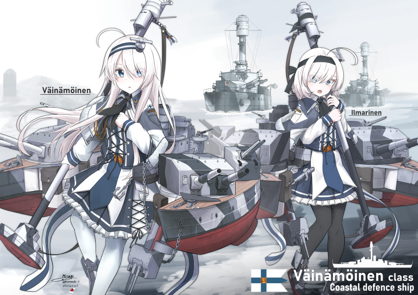 2girls, absurdres, ahoge, anchor, belt, black_neckerchief, black_pantyhose, blue_eyes