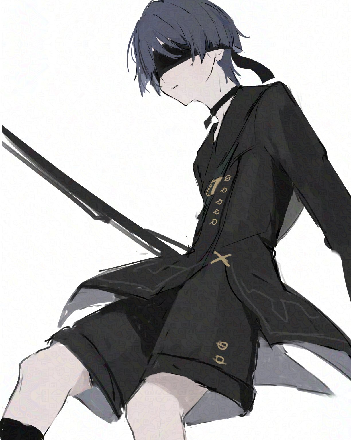 1boy, 9s_(nier:automata), 9s_(nier:automata)_(cosplay), android, black_shorts, black_socks, black_suit, blindfold, blue_hair, closed_mouth, cosplay, crossover, expressionless, from_side, genshin_impact, grey_background, hair_between_eyes, highres, humanoid_robot, leaning_back, long_sleeves, monmon_eeee, nier:automata, nier_(series), protected_link, robot, scaramouche_(genshin_impact), shade, shorts, socks, solo, suit, upper_body