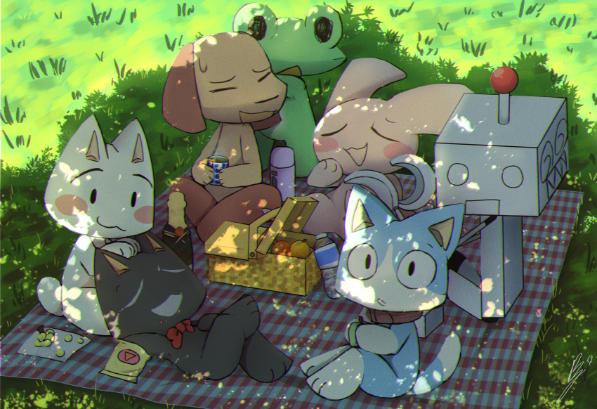 1girl, 1other, 5boys, animal_ears, animal_feet, animal_hands, bow, bowtie