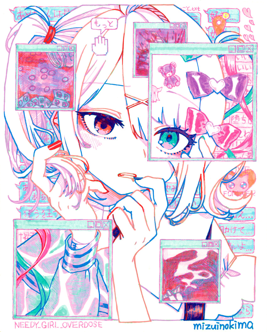 1girl, absurdres, ame-chan_(needy_girl_overdose), artist_name, bear_hair_ornament, biting, bow, chouzetsusaikawa_tenshi-chan