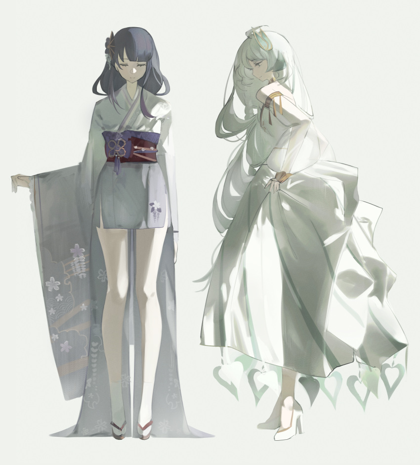 2girls, absurdres, bare_shoulders, blunt_bangs, closed_eyes, closed_mouth, detached_sleeves, dress
