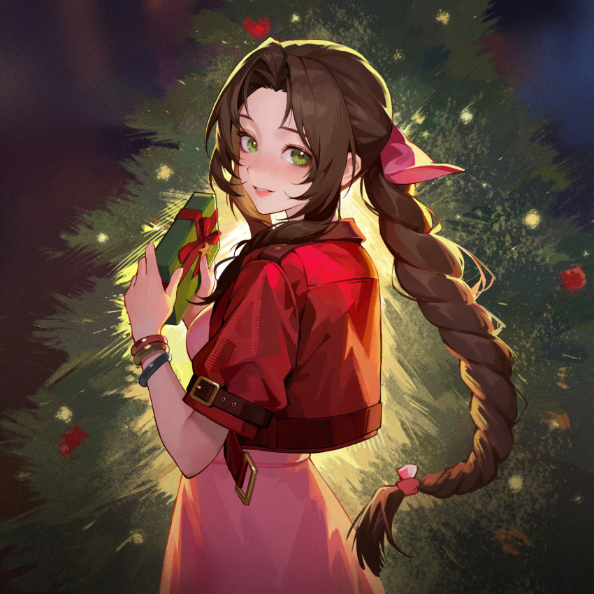 1girl, aerith_gainsborough, bracelet, braid, braided_ponytail, breasts, brown_hair, christmas