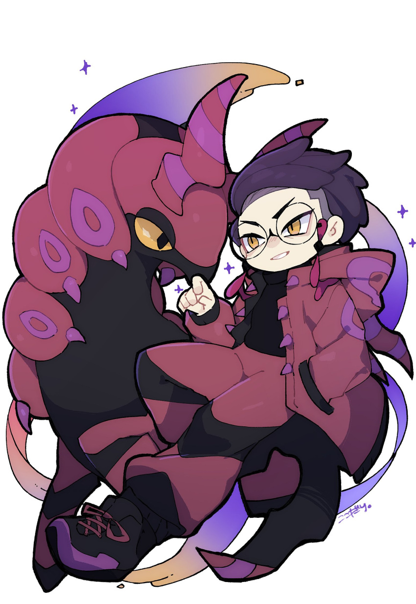 1boy, alternate_costume, arm_up, black_shoes, commentary_request, corbeau_(pokemon), grin, hand_in_pocket