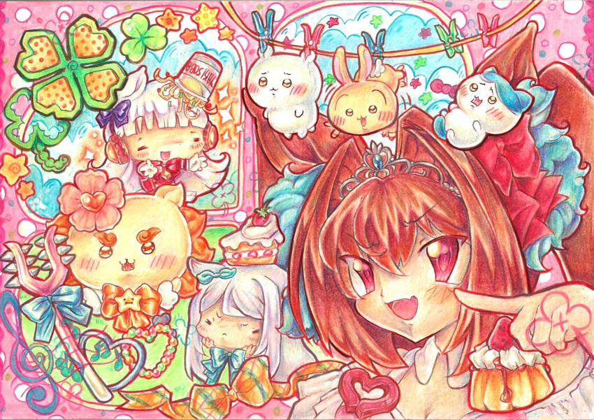 3girls, animal_ears, chibi, chiikawa, chiikawa_(character), closed_eyes, clothes_pin, clothesline
