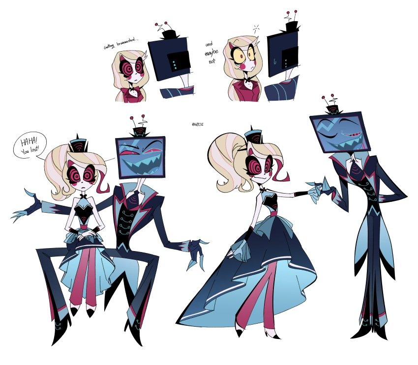 1boy, 1girl, absurdres, bare_shoulders, black_jacket, blonde_hair, blush_stickers, breasts, charlie_morningstar, colored_sclera, hazbin_hotel, hellaverse, highres, hypnosis, jacket, long_hair, medium_breasts, mind_control, on_lap, open_clothes, open_jacket, pants, pink_pants, ponytail, red_jacket, red_sclera, sharp_teeth, simple_background, sitting, sitting_on_lap, sitting_on_person, smile, standing, teeth, television, vox_(hazbin_hotel), white_background, white_hair, yaky, yellow_sclera