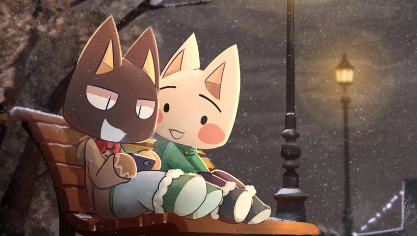 2boys, animal_ears, black_fur, blush_stickers, bow, bowtie, brown_hoodie, cat_boy