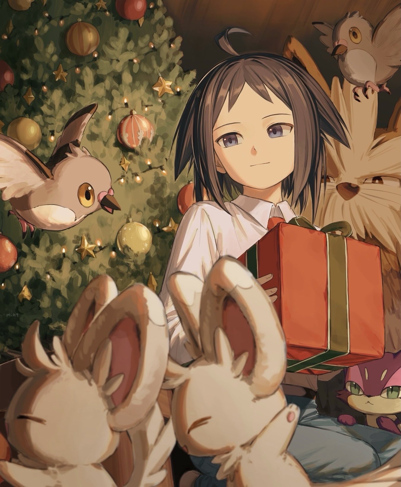 1boy, black_hair, blue_eyes, blue_pants, box, cheren_(pokemon), christmas, christmas_lights