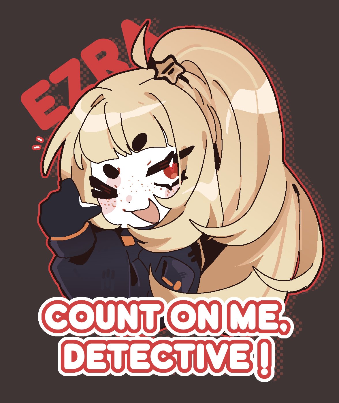 1girl, blonde_hair, chibi, coat, english_text, ezra_(project_moon), gloves, hair_ornament