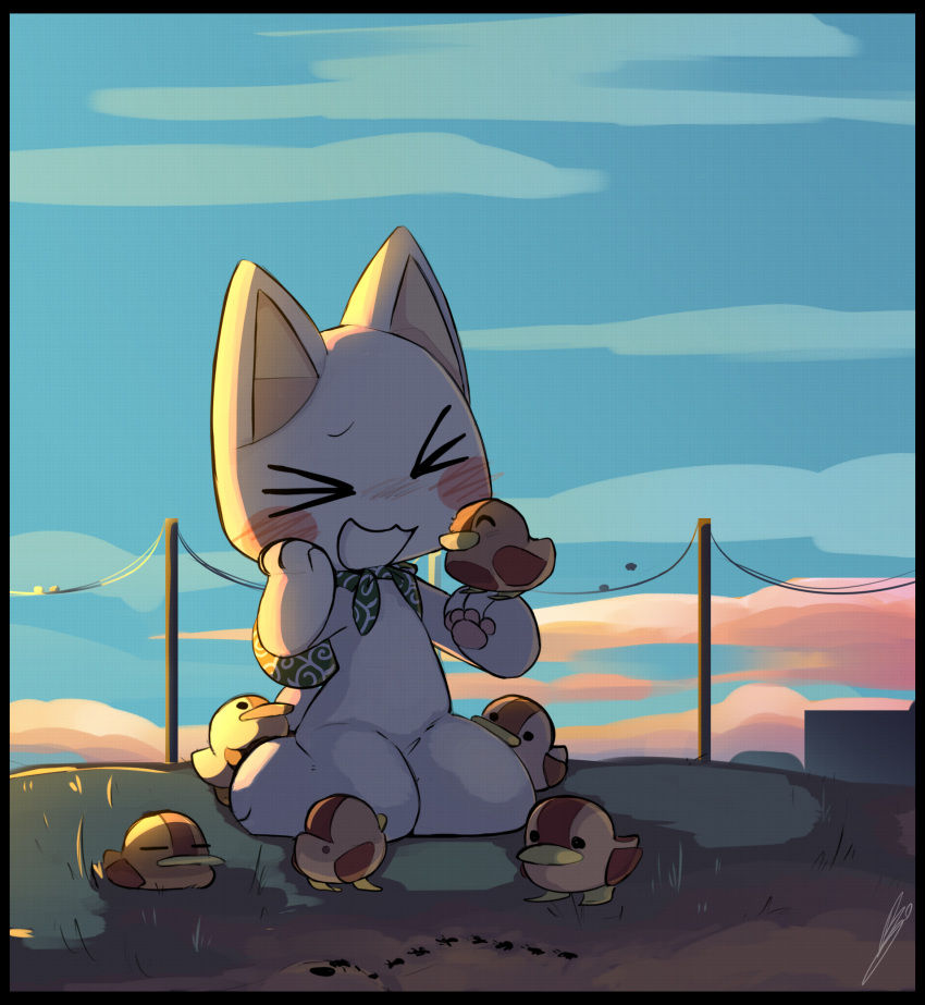 >_<, 1boy, :3, animal, animal_ears, animal_hands, ant, baby_animal, bird, black_border, blush_stickers, border, bug, cat_boy, cat_ears, cat_tail, chibikemo, clouds, commentary, dirt, doko_demo_issyo, duck, duckling, english_commentary, full_body, furry, furry_and_animal, furry_male, green_bag, hand_on_own_face, highres, inoue_toro, male_focus, open_mouth, outdoors, pawpads, power_lines, sitting, sky, smile, solo, tail, wariza, white_fur, wolfaroon