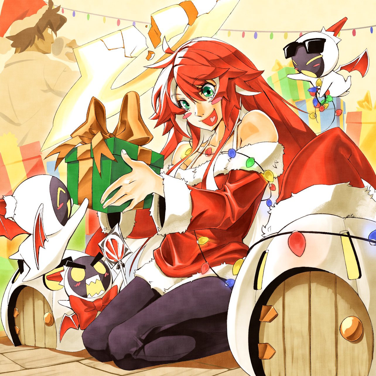 1boy, 1girl, black_leggings, blizzardingpike, bow, bowtie, box, brown_hair