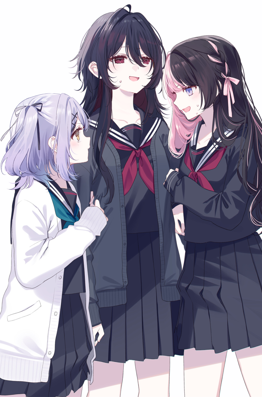 3girls, ahoge, black_hair, black_sailor_collar, black_serafuku, black_skirt, blush, braid