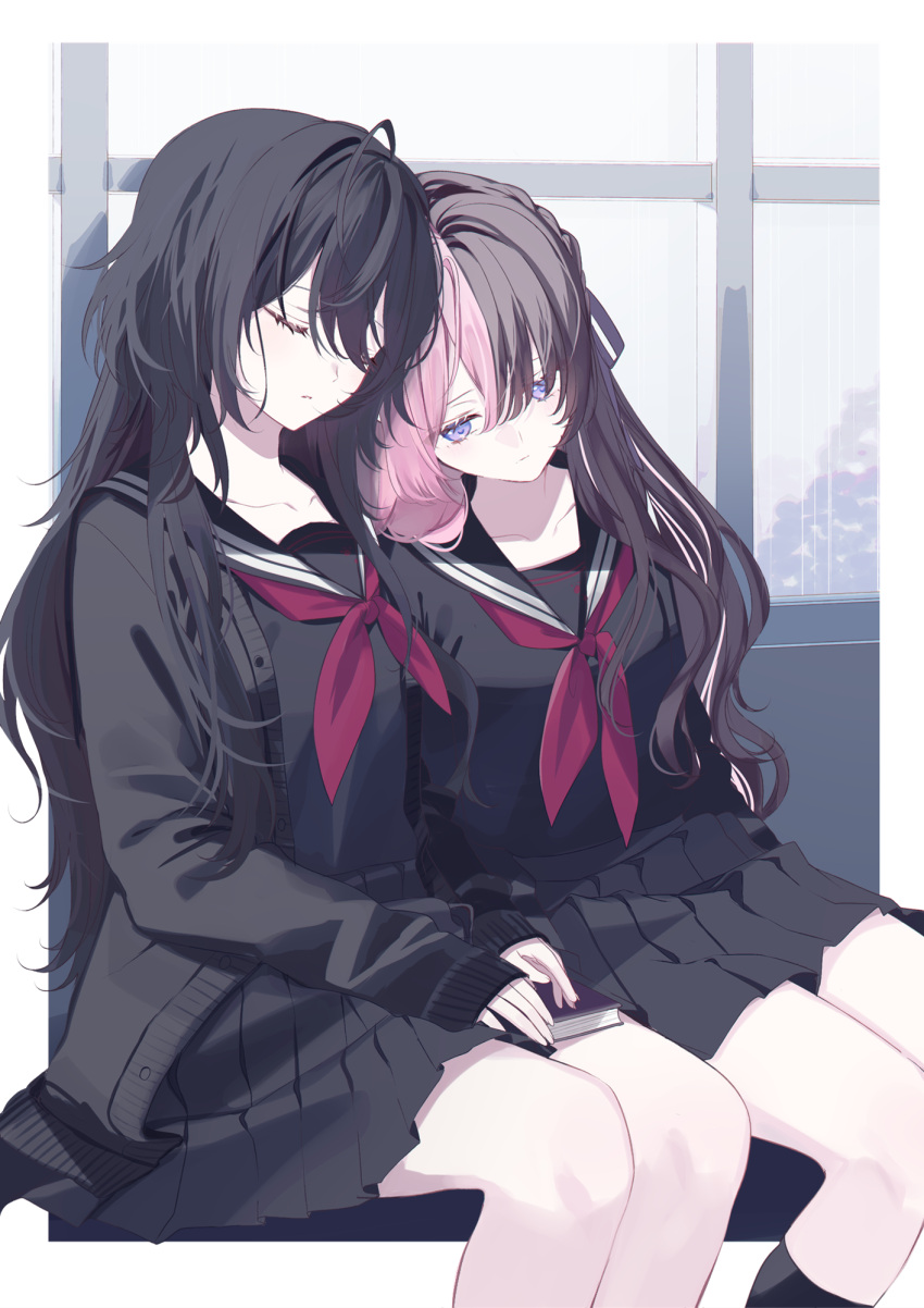 2girls, black_hair, black_sailor_collar, black_shirt, black_skirt, black_socks, black_sweater, book