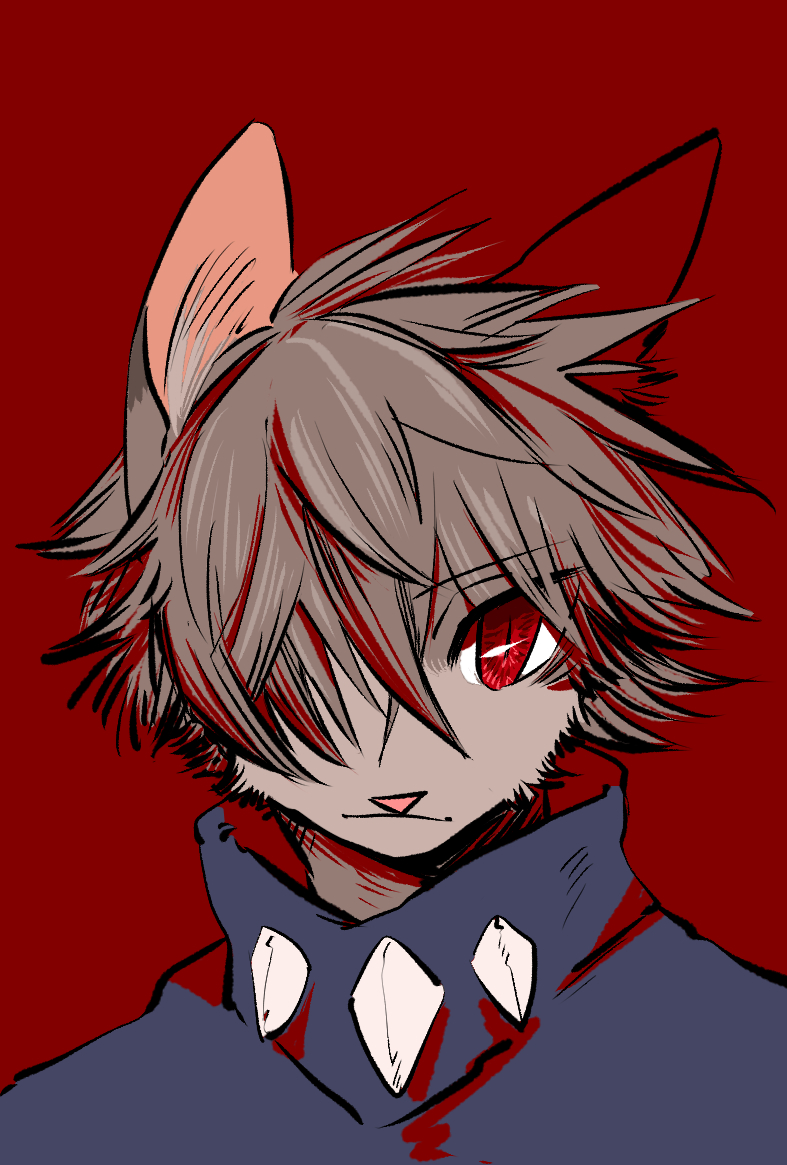 1boy, :3, androgynous, animification, bishounen, brick_(warrior_cats), brown_fur, brown_hair, cat_boy, commentary_request, furry, furry_male, grey_sweater, hair_over_one_eye, looking_at_viewer, male_focus, multicolored_hair, neko_gokoro, personification, portrait, red_background, red_eyes, short_hair, smile, solo, spikes, streaked_hair, sweater, the_prophecies_begin, warrior_cats