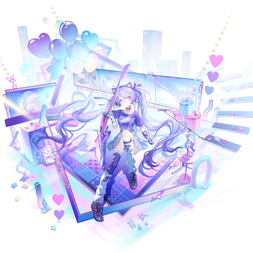 1girl, 25-ji_miku, absurdres, animal_ear_hairband, animal_ears, aqua_eyes, baicongdantui, balloon