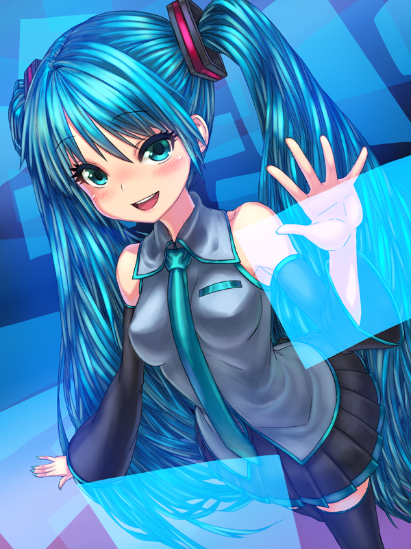 aqua_eyes, aqua_hair, detached_sleeves, hatsune_miku, long_hair, necktie, open_mouth, smile