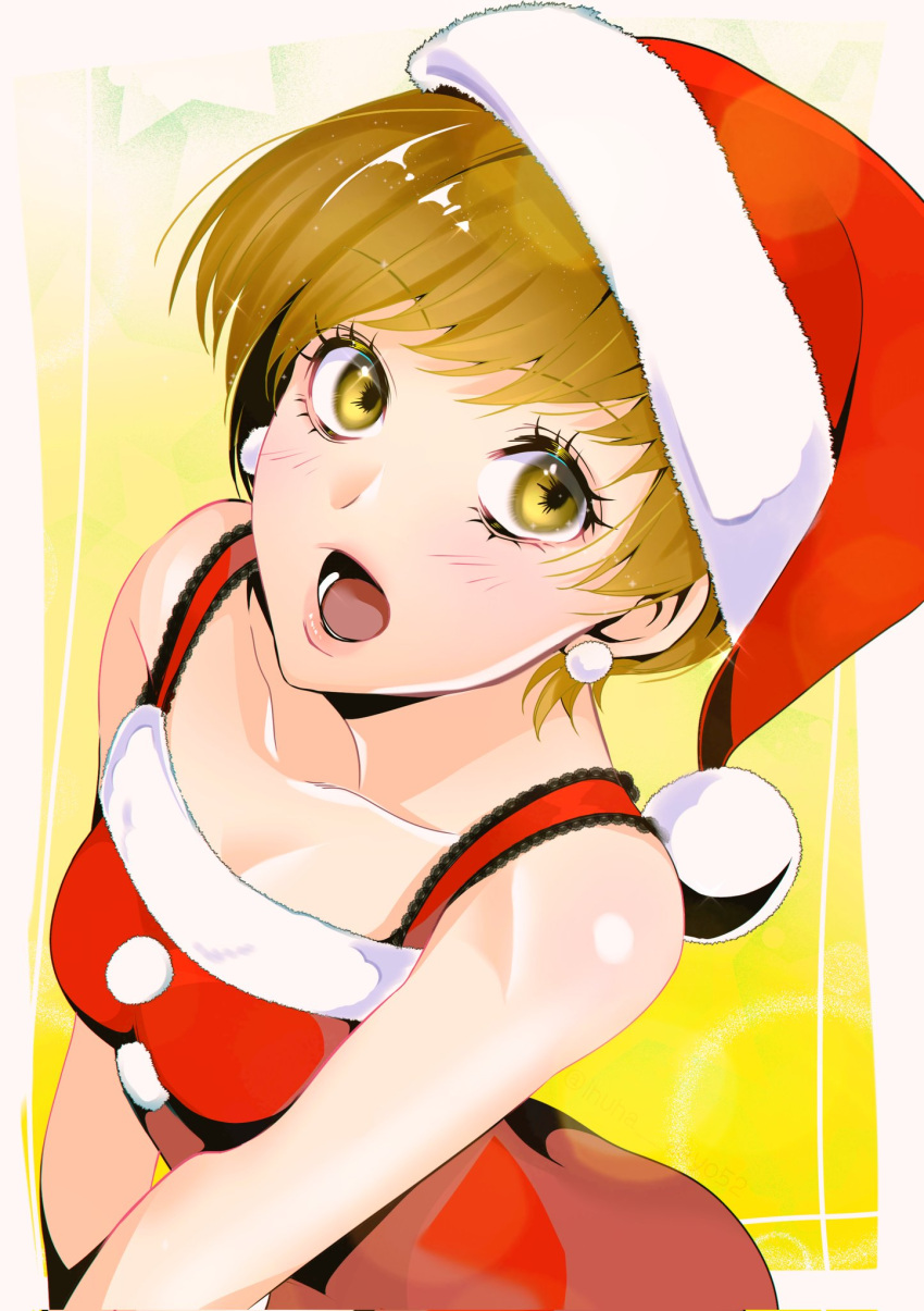 1girl, bare_shoulders, christmas, collarbone, commentary_request, earrings, hat, highres