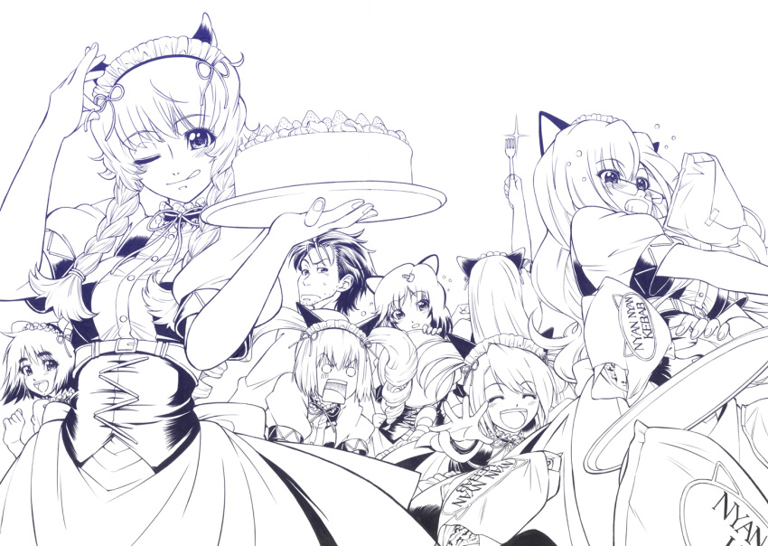 2boys, 6+girls, akiha_rumiho, amane_suzuha, animal_ear_hairband, animal_ears, beard_stubble, belt_around_waist