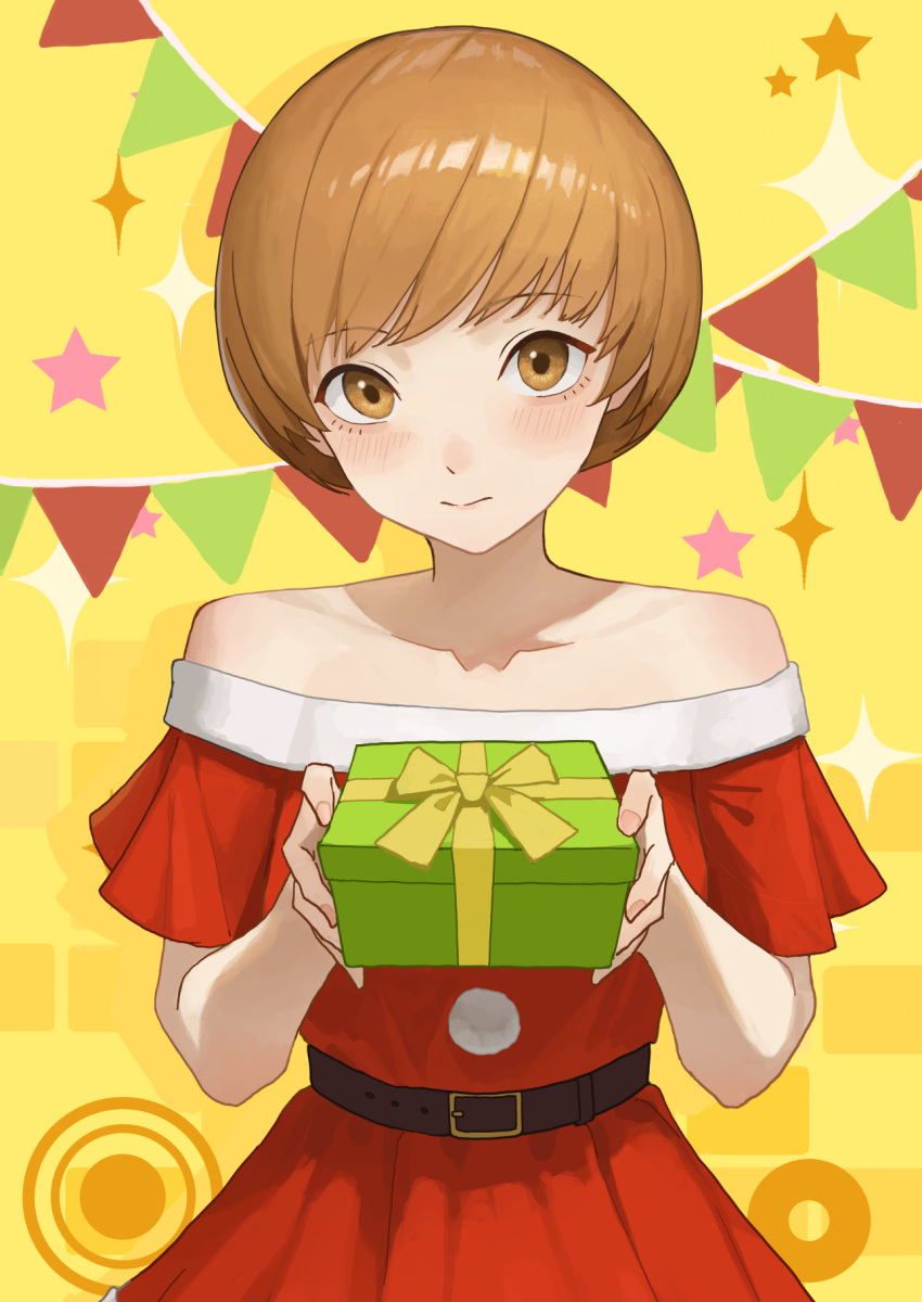 1girl, belt, brown_eyes, brown_hair, dress, fur-trimmed_dress, fur_trim, gift, highres, holding, looking_at_viewer, merry_christmas, persona, persona_4, red_dress, remo_reko23, santa_costume, satonaka_chie, short_hair, solo, tomboy