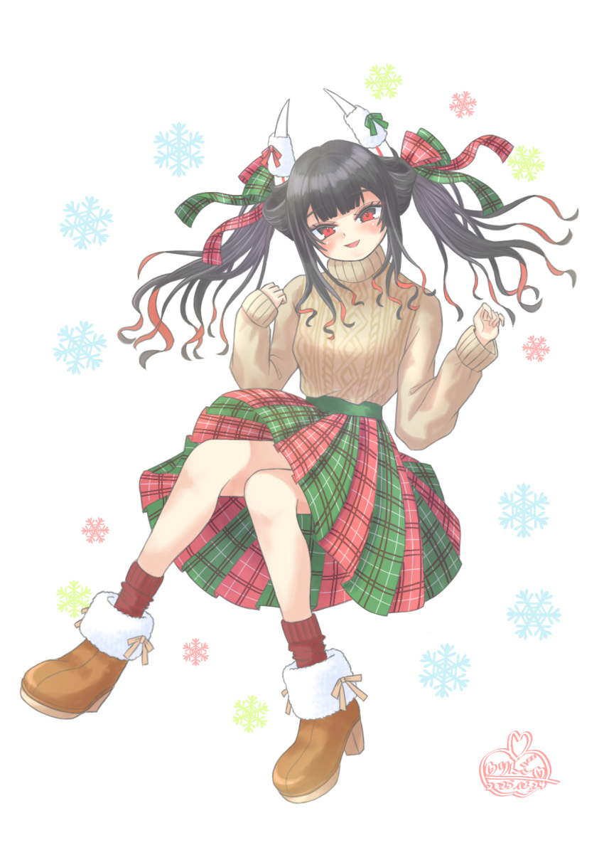1girl, azur_lane, black_hair, brown_sweater, checkered_clothes, checkered_skirt, christmas, colored_inner_hair