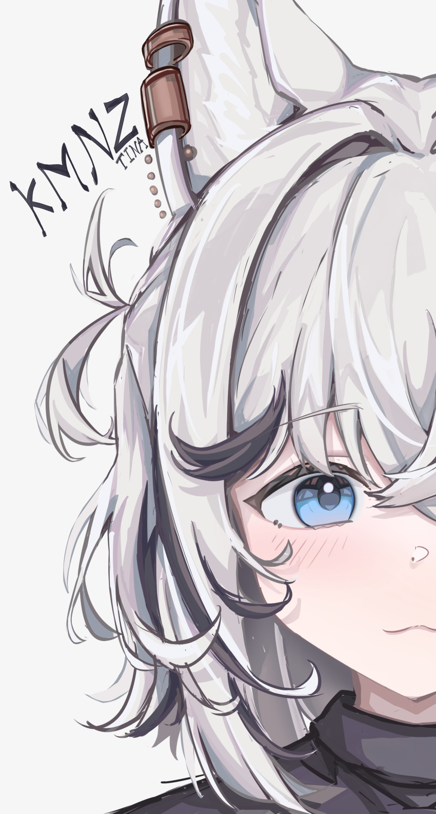 1girl, absurdres, animal_ear_piercing, animal_ears, black_streaks, blue_eyes, closed_mouth, dog_ears