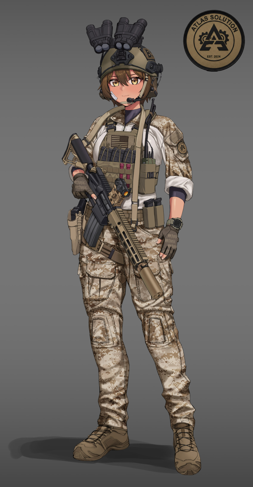1girl, absurdres, american_flag, ammunition_pouch, assault_rifle, bandaid, bandaid_on_face, belt