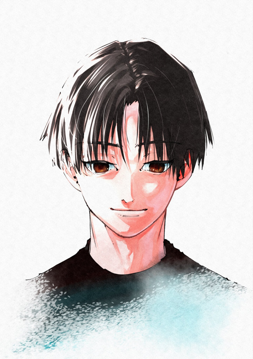 1boy, black_hair, black_shirt, brown_eyes, closed_mouth, ending_celebration, highres, juujika_no_rokunin