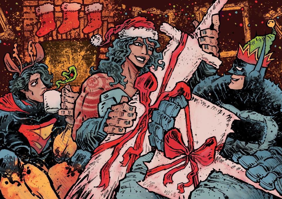 1girl, 2boys, absolute_batman, absolute_dc, absolute_superman, absolute_wonder_woman, axe, azoinab